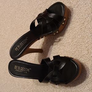 Black criss cross open toe heels